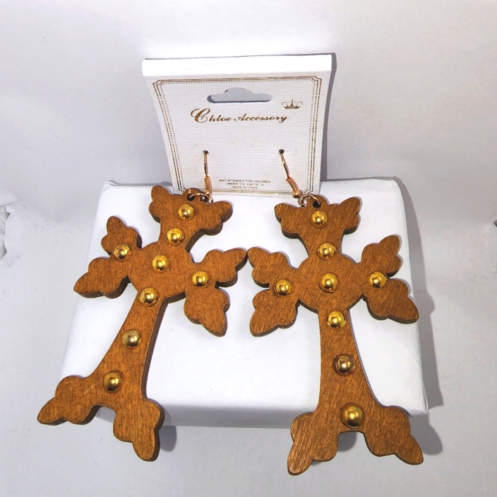 3 for $18 Light Brown Wooden and Gold Studded Cross Earrings NWT